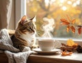Cozy Fall Cat with Warm Beverage Royalty Free Stock Photo
