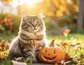Fluffy Fall Cat with Pumpkin Royalty Free Stock Photo