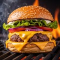 A juicy cheeseburger on a grill. Royalty Free Stock Photo