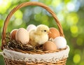 Cute chick and eggs in wicker basket on blurred background. Baby animal Royalty Free Stock Photo
