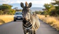 A zebra is walking down a road with a car behind it. The zebra is looking at the came Royalty Free Stock Photo