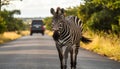 A zebra is walking down a road with a car behind it. The zebra is looking at the came Royalty Free Stock Photo