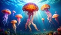 generated using AI.Vibrant underwater scene featuring multiple jellyfish, likely resembling the species *Chrysaora fuscescens*. Royalty Free Stock Photo