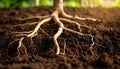 generated using AI.Tree roots spread through rich, dark soil, illuminated by warm, natural light. Royalty Free Stock Photo