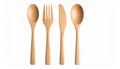 generated using AI.Wooden cutlery set includes a spoon, fork, knife, and another spoon. Royalty Free Stock Photo