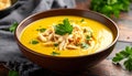 generated using AI.A rich, creamy soup with a golden yellow hue fills a brown ceramic bowl. Royalty Free Stock Photo