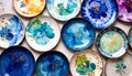 generated using AI.A collection of decorative ceramic plates featuring vibrant watercolor-style floral designs in blue, Royalty Free Stock Photo