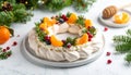 generated using AI.A festive pavlova wreath with a delicate, swirled meringue base topped with sugared cream. Royalty Free Stock Photo