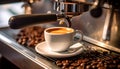 generated using AI.Espresso machine brewing coffee into a white cup on a saucer, surrounded by scattered coffee beans. Royalty Free Stock Photo