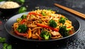 generated using AI.Stir-fried noodles served on a black plate feature vibrant ingredients including broccoli Royalty Free Stock Photo