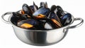 generated using AI.A metal pot filled with steamed mussels (Mytilus edulis) showcases their glossy black shells Royalty Free Stock Photo