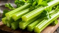 generated using AI.Fresh celery stalks (Apium graveolens) are arranged on a wooden cutting board. Royalty Free Stock Photo