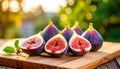generated using AI.Fresh figs (Ficus carica) are displayed on a wooden cutting board. Royalty Free Stock Photo