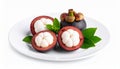 generated using AI.Whole and halved mangosteens (Garcinia mangostana) on a white plate. Royalty Free Stock Photo