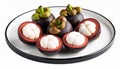 generated using AI.Mangosteens (Garcinia mangostana) on a round white plate with a black rim. Royalty Free Stock Photo
