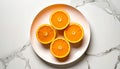 generated using AI.Four orange halves are arranged neatly on a round, white plate. Royalty Free Stock Photo
