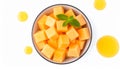 generated using AI.A bowl filled with cubed cantaloupe (Cucumis melo) is garnished with a fresh sprig of mint. Royalty Free Stock Photo