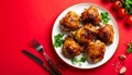 generated using AI.Roasted chicken thighs are arranged on a white plate garnished with fresh parsley. Royalty Free Stock Photo