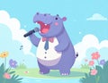 cartoon hippo in a tuxedo sings into a microphone surrounded by flowers and a bright blue sky, embodying a fun Royalty Free Stock Photo