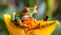 Close-up of the red-eyed tree frog on top of the ornate banana pictures, close-up Royalty Free Stock Photo