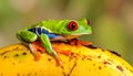 Close-up of the red-eyed tree frog on top of the ornate banana pictures, close-up Royalty Free Stock Photo