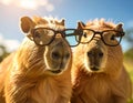 Generated image Two capybaras are posing while wearing glasses. Royalty Free Stock Photo