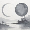Monochrome ink and watercolor landscape with two moons above horizon and silhouetted trees in dreamy style Royalty Free Stock Photo