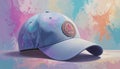 generated using AI.A pastel-colored baseball cap rests on a surface with a vibrant splash-paint background. Royalty Free Stock Photo
