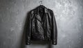 generated using AI.A black leather motorcycle jacket is displayed on a hanger against a textured gray wall. Royalty Free Stock Photo