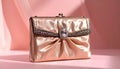 generated using AI.A glamorous satin clutch purse in a soft pink hue adorned with sparkling rhinestones. Royalty Free Stock Photo
