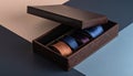 generated using AI.Elegant leather box with four silk neckties in separate compartments. Royalty Free Stock Photo