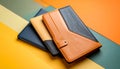 generated using AI.Three leather tablet cases in navy, tan, and light brown are stacked on a colorful, Royalty Free Stock Photo