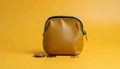 generated using AI.Brown coin purse with a silver clasp against a solid yellow background. Royalty Free Stock Photo