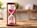 Hourglass with pink flowing sand on wooden table. Space for text Royalty Free Stock Photo