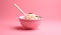 generated using AI.A pink bowl filled with neatly arranged noodles sits on a matching pink background. Royalty Free Stock Photo