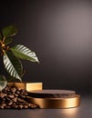 Dark round pedestal on gold cylinders with coffee beans and green leaves on dark grey background Royalty Free Stock Photo