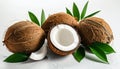 Fresh ripe coconuts with green leaves on white background Royalty Free Stock Photo