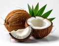 Fresh ripe coconuts with green leaves on white background Royalty Free Stock Photo