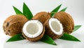 Fresh ripe coconuts with green leaves on white background Royalty Free Stock Photo
