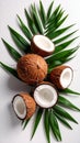 Fresh ripe coconuts with green leaves on white background Royalty Free Stock Photo