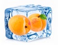 Ripe apricot fruits in an ice cube are isolated on white. Frozen food Royalty Free Stock Photo