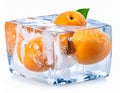 Ripe apricot fruits in an ice cube are isolated on white. Frozen food Royalty Free Stock Photo