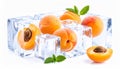 Ripe apricot fruits in an ice cube are isolated on white. Frozen food Royalty Free Stock Photo