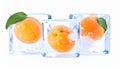 Ripe apricot fruits in an ice cube are isolated on white. Frozen food Royalty Free Stock Photo