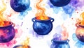 Mystical Watercolor Cauldrons Seamless Pattern Royalty Free Stock Photo
