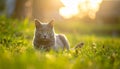 A gray cat is lying on the grass. The cat is looking at the camera. Royalty Free Stock Photo