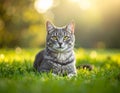 A gray cat is lying on the grass. The cat is looking at the camera. Royalty Free Stock Photo