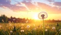 Beautiful fluffy dandelion and flying seeds outdoors at sunset Royalty Free Stock Photo