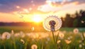 Beautiful fluffy dandelion and flying seeds outdoors at sunset Royalty Free Stock Photo