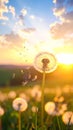 Beautiful fluffy dandelion and flying seeds outdoors at sunset Royalty Free Stock Photo